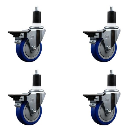 Service Caster 4'' Blue Poly Swivel 1-1/2'' Expanding Stem Caster Set with Brake, 4PK SCC-EX20S414-PPUB-BLUE-PLB-112-4